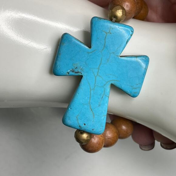 beaded bracelet turquoise colored blue stone cross brown beaded stretch style - Picture 2 of 5